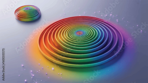 Rainbow spiral coils and abstract light particles background