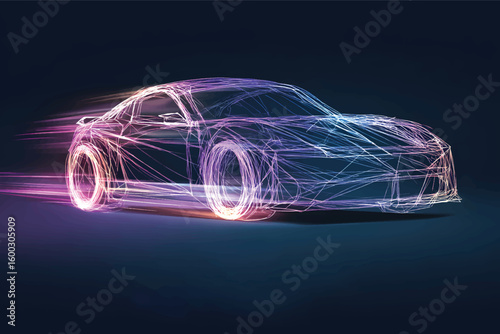 Vector polygonal futuristic vehicle with glowing lines and lights on a dark background