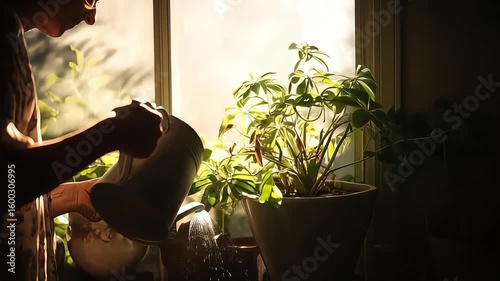 A silhouette of a woman in a floral dress holding a watering can, caring for her green plants in the morning sun.