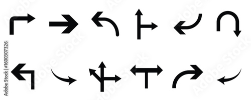 Arrow vector icon. traffic sign indicating vehicles may travel in either direction, Bended arrow, turning, crossroads arrows symbol  Arrows in different directions isolated on white background. 