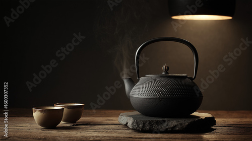 A black cast iron teapot, or tetsubin, steams gently on a slate coaster. Two small ceramic cups sit nearby on a dark wood table. a single warm light, creating a cozy and intimate wabi-sabi tea 