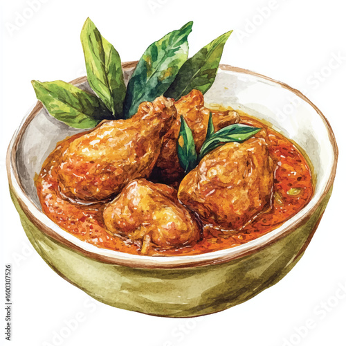 Watercolor Illustration of Chicken Curry with Fresh Basil in a Bowl