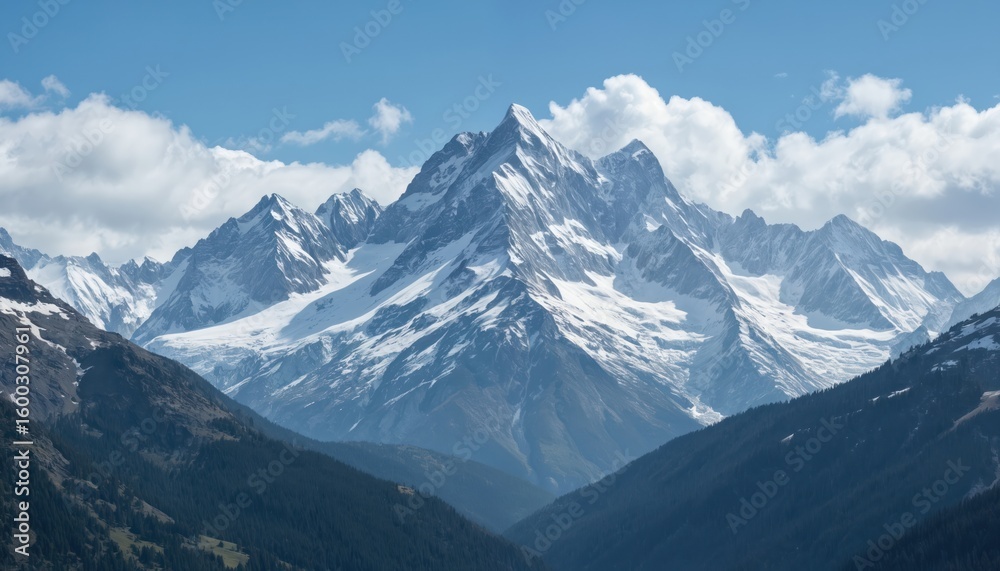 Obraz premium Majestic snow-capped mountain peaks under clear blue sky. Rocky ranges reveal geological formations, vast wilderness. Rich green forests blanket lower slopes, offering scenic beauty, hiking