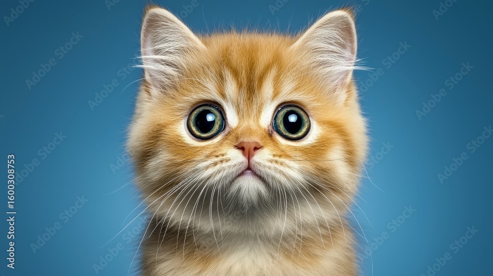 Fototapeta premium A charming portrait showcases an adorable British shorthair kitten with captivating golden fur and large expressive eyes against a serene blue background ideal for pet lovers and