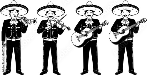 Four vector images of mexican mariachi in sombrero hat
