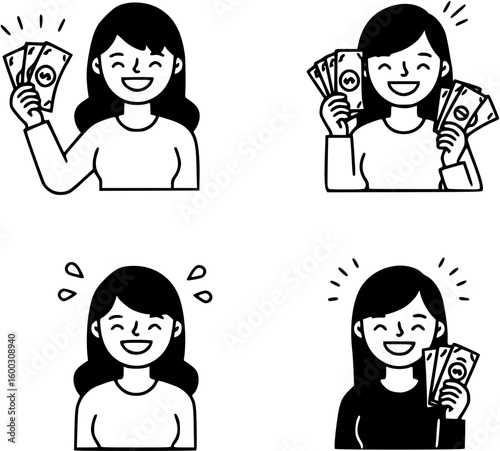 Four vector icons of a woman happy holding money
