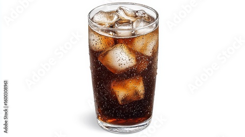 Refreshing iced cola drink poured into a tall glass filled with melting ice cubes on a white background perfect for summer advertisements and beverage promotions.