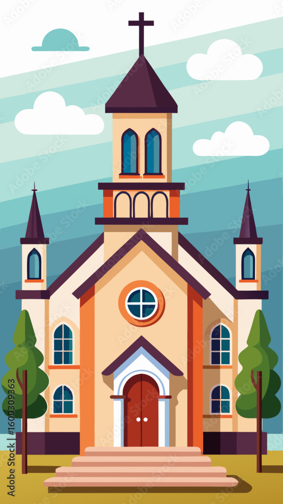 Naklejka premium Vector art of a vibrant flat illustration captures a picturesque church with a prominent steeple twin towers and a welcoming entrance set against a backdrop of