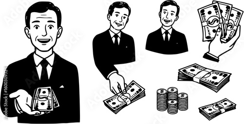 Smiling Man in a suit offering money, banknotes, black an white vector illustration
