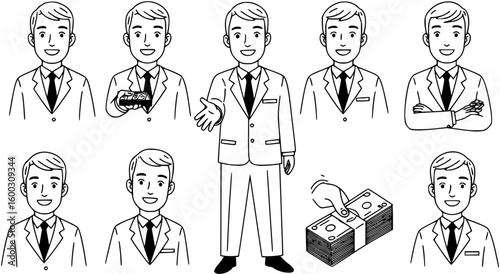 Smiling Man in a suit offering money, banknotes, black an white vector illustration
