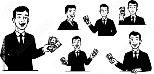 Smiling Man in a suit offering money, banknotes, black an white vector illustration
