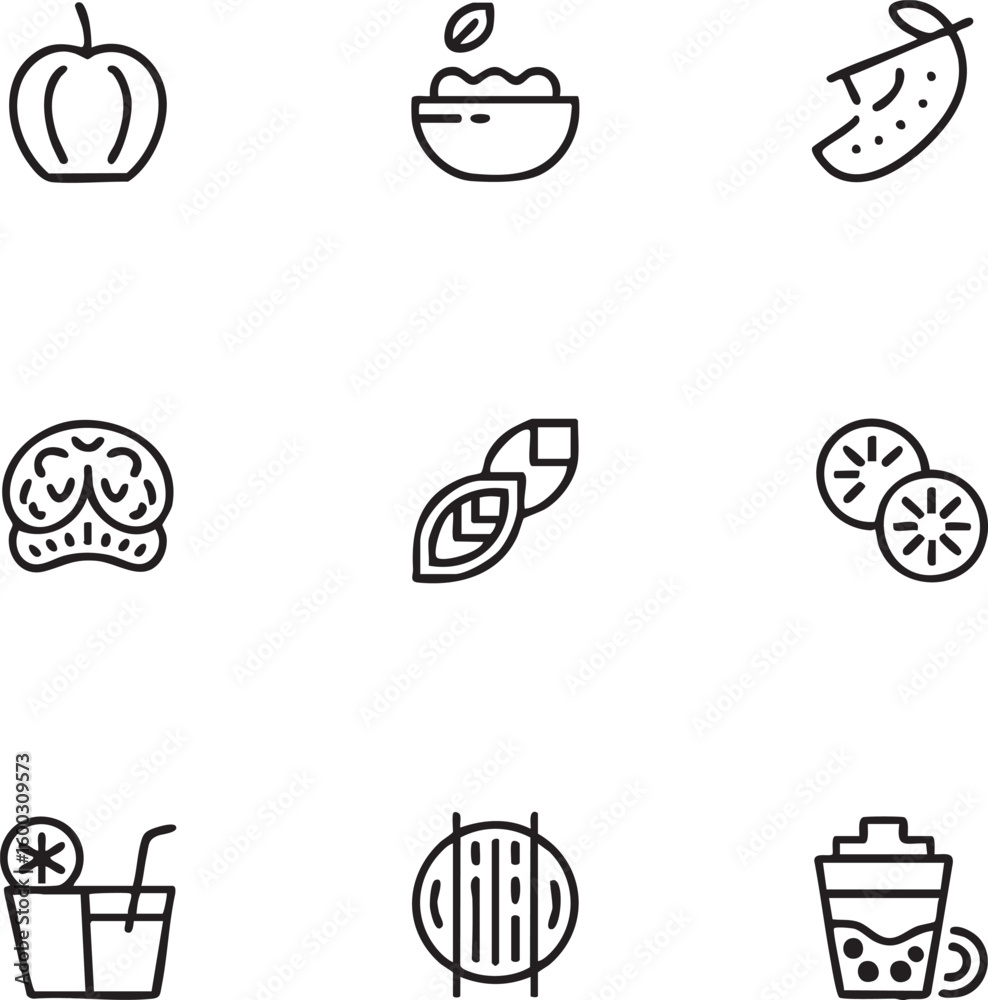 Fototapeta premium Healthy food and drink vector icon set outline style apple,salad,pickle,broccoli,avocado,lemon,juice,protein bar,bubble tea