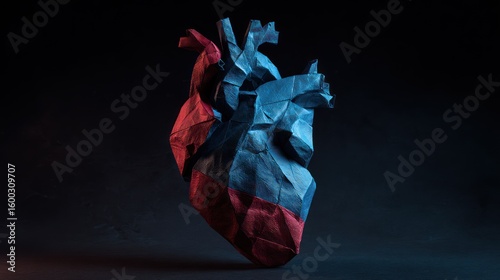 Origami Heart: A unique, geometrically folded origami heart, bathed in dramatic red and blue lighting. Symbolizing concepts of love, emotion, and the human body.