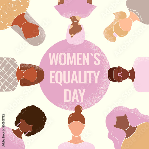 Women's Equality Day Square Banner with grain texture. Women of different ethnicities on white background. Faceless Vector illustration.
