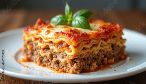 Delicious Homemade Lasagna Slice with Fresh Basil