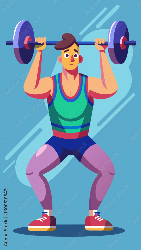 Obraz premium Vector art of a focused athlete in a green tank top and purple leggings performs a weightlifting squat with a barbell and blue weights