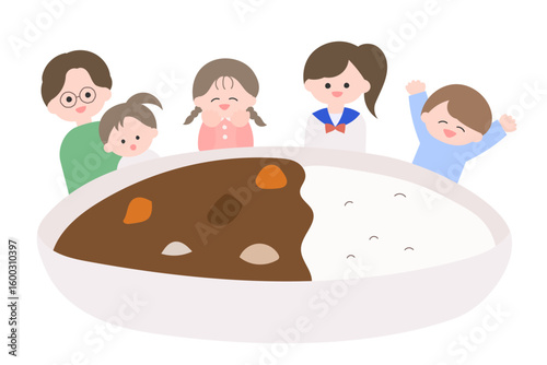 カレーを囲むこどもたちと親子のイラスト