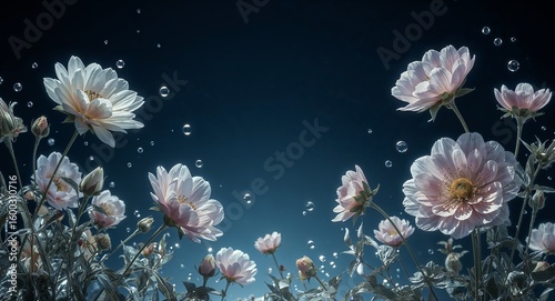 A dreamy floral arrangement with delicate pink blossoms and floating water droplets on dark blue background
