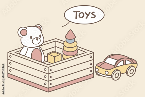 Crate with different toys on wooden table. Space for text