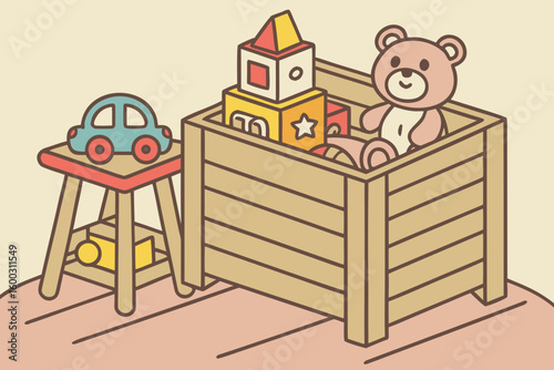 Crate with different toys on wooden table. Space for text