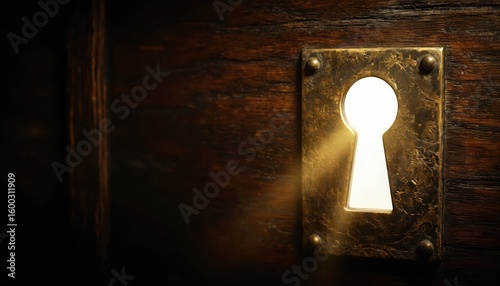 Golden light streams through antique keyhole set in weathered wooden surface. Illustration hidden knowledge, mystery, discovery, offering glimpse into secret ancient realm. Warm illumination, rustic