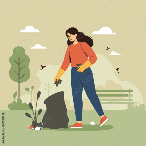 A smiling woman with long dark hair wearing a red shirt and yellow gloves collects litter.