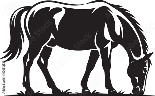 Silhouette of a Grazing Horse Vector Illustration in Black and White Style