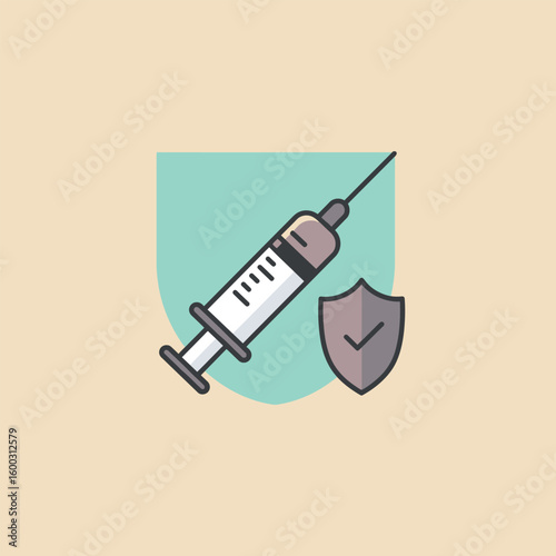 Flat design icon of a medical syringe and a protective shield with a checkmark, symbolizing immunization and health safety.