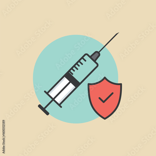 Minimalist medical icon of a vaccine syringe and a red protection shield with a checkmark.