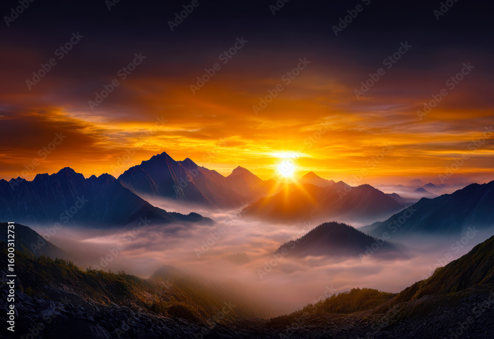 Fototapeta premium This stunning landscape captures the serene beauty of mountains bathed in golden light as the sun rises, enveloping the valleys in a soft blanket of mist.