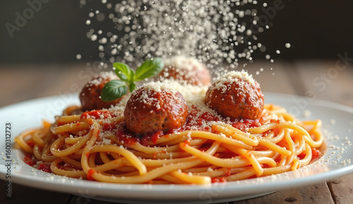 Delicious spaghetti and meatballs with grated cheese being sprinkled.