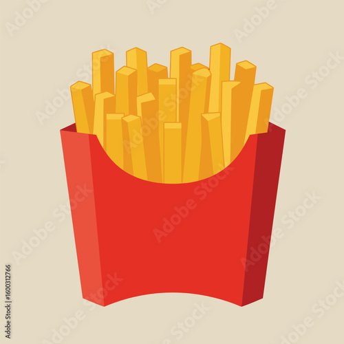 Stylized graphic illustration of golden French fries in a red takeaway carton.