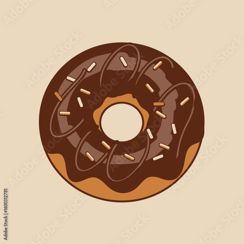 Flat vector illustration of a chocolate glazed donut with caramel drizzle and sprinkles.
