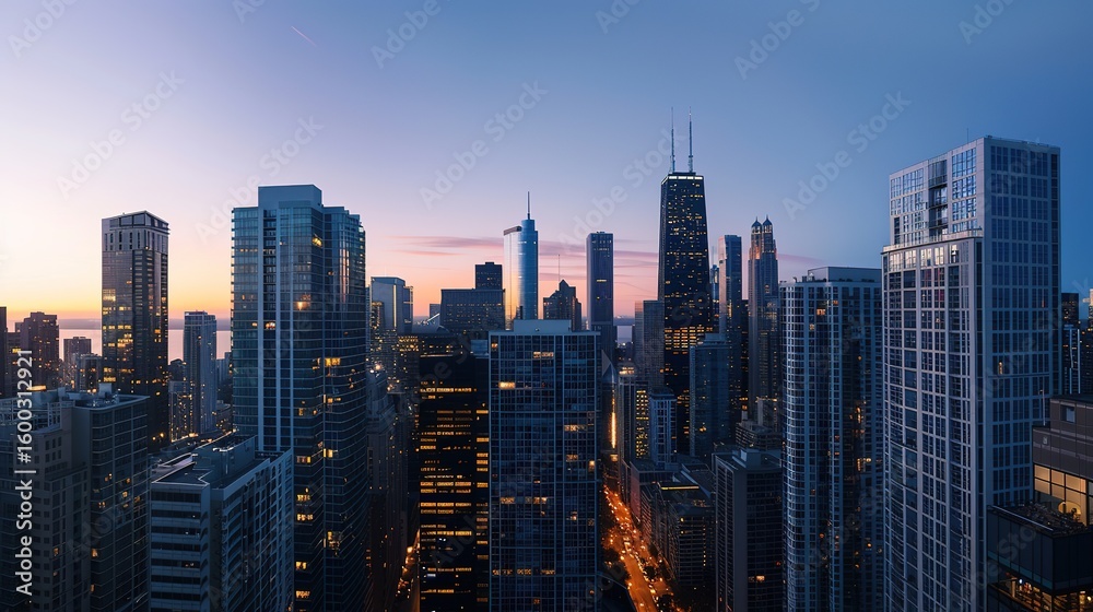 Naklejka premium Urban Skyline Majesty: Breathtaking High-Rise Building Panoramas – Gleaming Glass Facades, Towering Steel Structures, Sunlit Skyline Silhouettes, and Sprawling City Views in Wide-Angle Photography for