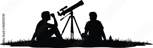 Silhouette of two people sitting on grass, one using a telescope for stargazing or sky observation
