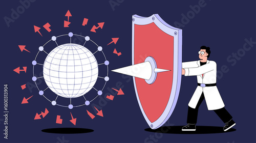 scientist with shield protecting a quantum network from environmental noise vector illustration