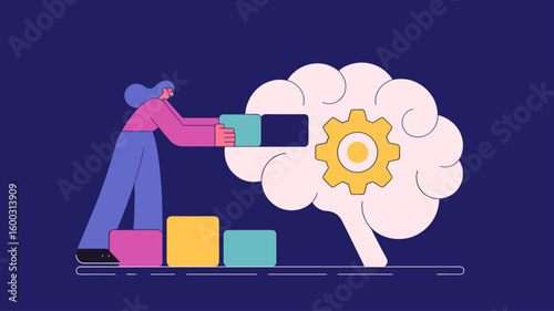 developer inserting data blocks into a brain with a gear vector illustration, artificial intelligence development and data science
