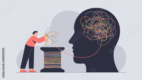 therapist untangling a thread leading to a chaotic mind vector illustration