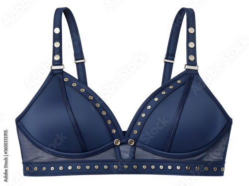 Stylish navy blue bra with gold studded detailing and mesh fabric accent on a background for stock photography