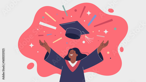 happy graduate tossing her cap in the air vector illustration, academic success and commencement