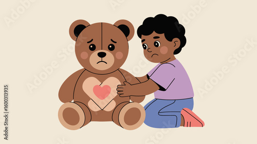 sad child consoling a teddy bear with a patched heart vector illustration, developing empathy, emotional intelligence and childhood compassion