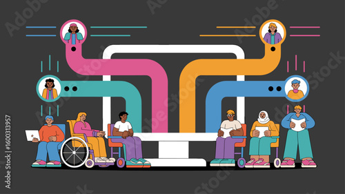 diverse students connected to a central computer network vector illustration, online education, virtual learning, and digital inclusion