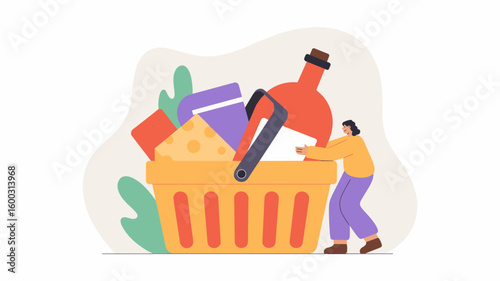 shopper pushing a basket of food and gifts vector illustration, curating a custom gift basket, personalized online shopping and gourmet food delivery