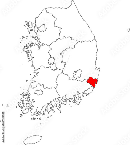 Map of Korea with Ulsan Metropolitan City highlighted, ideal for industrial, urban, and regional-specific projects.

