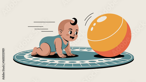 baby crawling after a ball vector illustration, child development and early learning