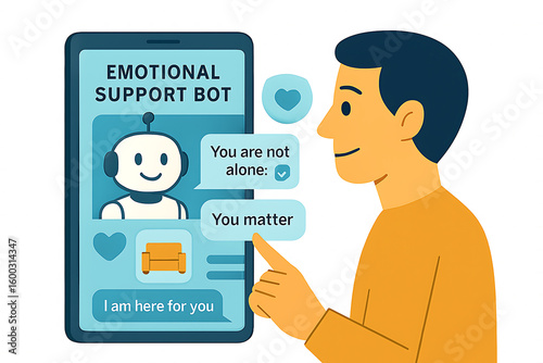 Man interacting with emotional support bot on smartphone for mental health assistance