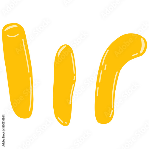A simple and fun flat design illustration of yellow macaroni pasta with smooth curves, perfect for food-themed graphics and playful artwork.