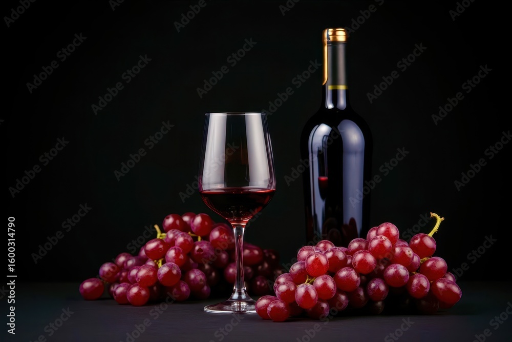 Fototapeta premium A bottle of wine and a wine glass are on a table with a bunch of grapes