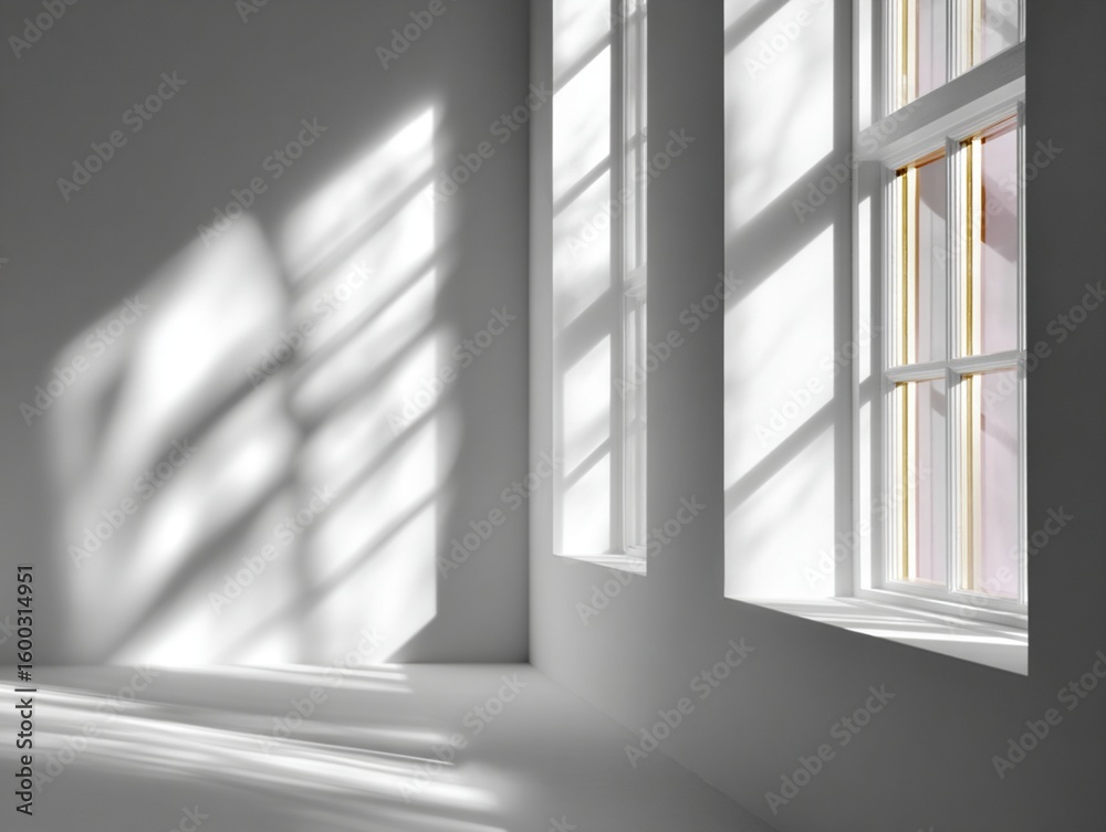 Obraz premium Minimalist scene with white background highlighted by dramatic light and deep grey shadows