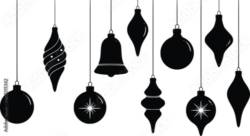 Silhouette of festive hanging christmas ornaments with bells stars teardrop shapes and sparkling highlights

